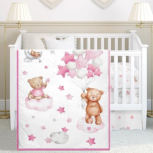 Mixweer 3 Pcs Cloud Balloon Bear Theme Crib Bedding Set for Boys Baby Nursery Mini Crib Bedding Set Comforter Sets Gender Neutral Standard Size Crib Fitted Sheet Comforter Crib Skirt for Girl (Pink)