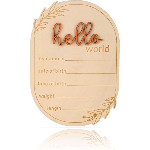 Baby Announcement Sign, Wooden Hello World Newborn Welcome Sign Name Plaque Personalized Birth Announcement Board for Hospital Photo Props Baby Shower Nursery Decor (Orange)