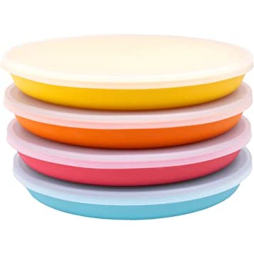 WeeSprout Bamboo, Silicone, Melamine Dishware Plate with Lids, Set of 4, Kid-Sized Design for Leftovers, Dishwasher Safe (Blue, Yellow, Orange, and Red)
