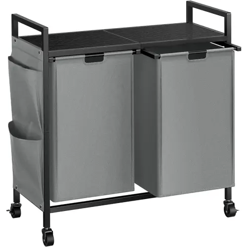 WOWLIVE Double Laundry Hamper with Lid,Rolling Laundry Basket Organizer with Wheels, Iron-Made Laundry Sorter with Top Shelf and 2 Removable Bags,Large Laundry Storage for Room,Gray