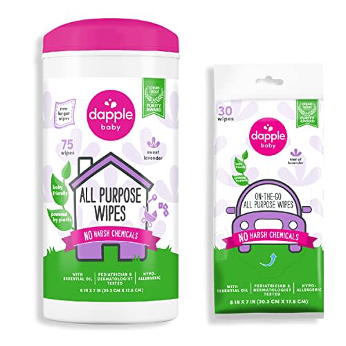All Purpose Wipes by Dapple Baby, Plant Based & Hypoallergenic Cleaning Wipes, Hint of Lavender, 75 Count Canister + 30 Count (Pack of 1)