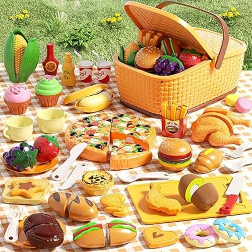 80pcs Pretend Play Food for Kids, Cutting Toy Food Set with Picnic Basket, Play Kitchen Accessories, Food Toys with Veggies, Fruits, Pizza Toy for Boys Girls Gift