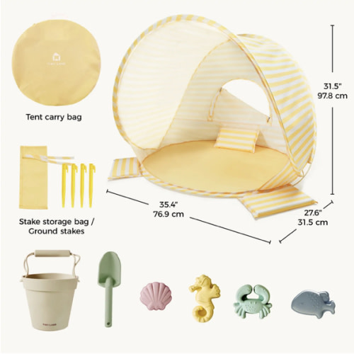 Tiny Land® One-Stop Beach Toy & Tent Set – Pastel Yellow Stripes