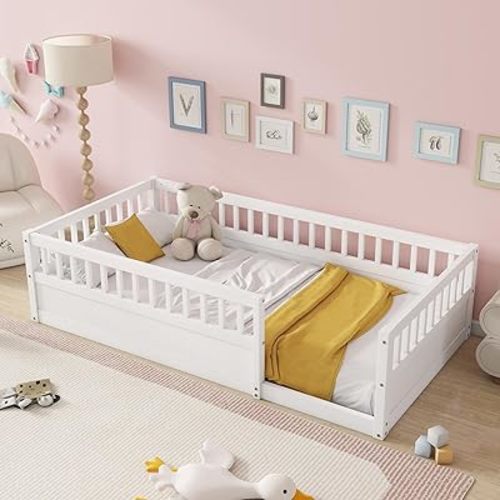 Twin Size Floor Bed with High Safety Guardrails for Kids, Solid Wood Montessori Floor Bed with Opening, Twin Playhouse Bed Frame for Baby Girls and Boys,White