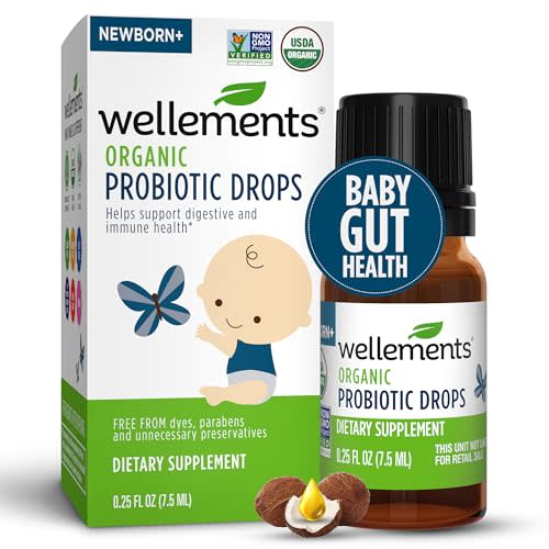 Wellements Organic Baby Probiotic Drops (0.25 Fl Oz) - Digestive & Immune Support for Infants - Toddler Probiotic Helps with Newborn+ Gut Health, Gas, Constipation & Colic Support - Preservative Free
