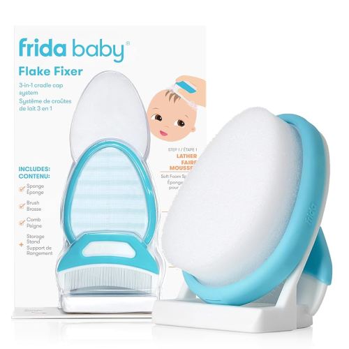 Frida Baby DermaFrida The FlakeFixer, éponge, brosse, peigne et support de rangement pour bébés avec bonnet de berceau, blanc/bleu