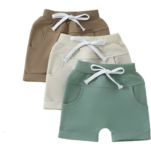 6-12 Months 3 Pack Toddler Baby Boy Girl Shorts Solid Color Cotton Terry Casual Shorts Elastic Waist Jogger Shorts Pants - 6-12 Months - Green&beige&khaki