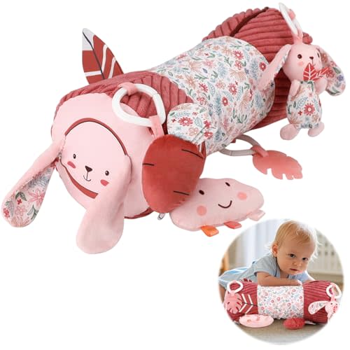 vocheer Tummy Time Pillow with Detachable Sensory Toys for Babies,Inflatable Design,Pink Rabbit, Baby Girl Toys 3-6 Months with Tummy Time Mirror, Rattles, Teether, Baby Girl Gifts