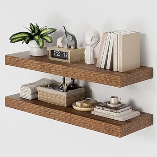 36 Inch Long Walnut Floating Shelf for Wall, 12" Deep Floating Shelves Wall Shelves for Bedroom Living Room Bedroom,Wall Mounted Shelves for Storage Book Decor, Set of 2