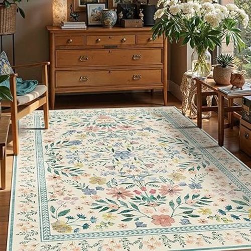Floral Rug for Living Room Bedroom, 5x7 Washable Rug, Green Vintage Boho Area Rug, Large Non Slip Low Pile Wool Carpet for Indoor Dining Room,Girls Room,Nursery Room and Kids Room(Green 5x7ft)