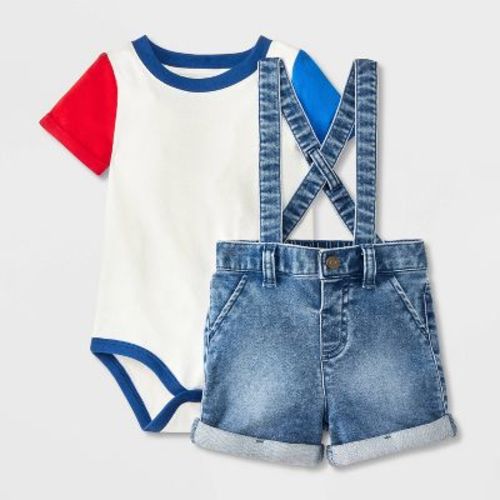 Baby Boys' Denim Suspender Set - Cat & Jack™ Red/blue Newborn