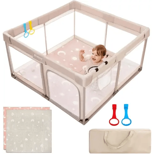 Baby Playpen with Mat, 50x50 in Small Play Pen for Babies, Toddler Playpen for Apartment, Indoors Play Yard with Soft Breathable Mesh (Beige with Mat)