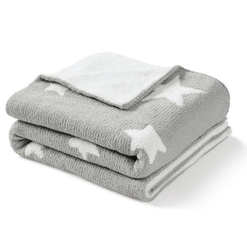 CREVENT 30"X40" Cozy Soft Warm Chenille Baby Blanket for Girls Boys, Newborn Essentials for Infant, Baby Shower Receiving Gift - Grey Star