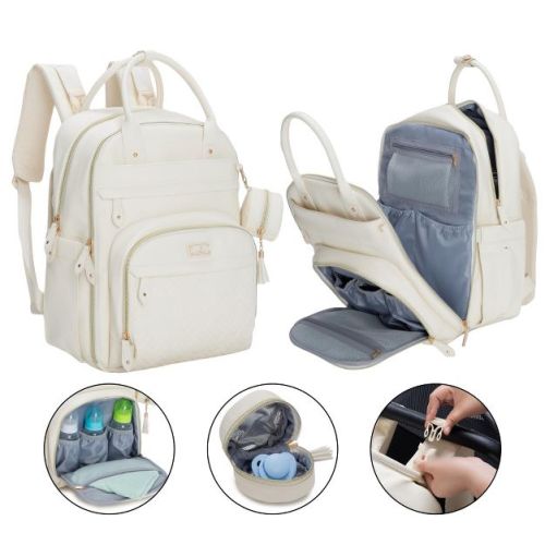BabbleRoo Premium Vegan Leather Diaper Bag Backpack, Spacious & Stylish Nappy Organizer, Eggshell White, 1 pc Pañaleras Para Bebe
