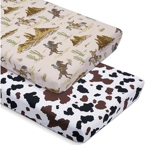 2 Pcs Western Cowboy Crib Sheet Set 52 x 28 x 8 Inches Newborn Bedding Nursery Baby Sheets for Girl Boys Baby Gifts for Standard Crib and Toddler Mattresses