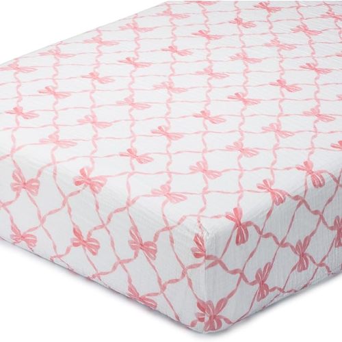 LollyBanks Muslin Crib Sheet 1 Pack, Soft and Breathable 100% Cotton Crib Fitted Sheets for Girls, Cozy and Snug Baby Sheet for Standard 52"x28" Mattress, Baby Bedding Essentials (Pink Bow Print)