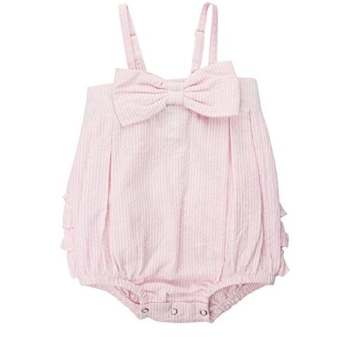 RuffleButts® Baby/Toddler Girls Light Wash Denim Bow-Front Bubble Romper
