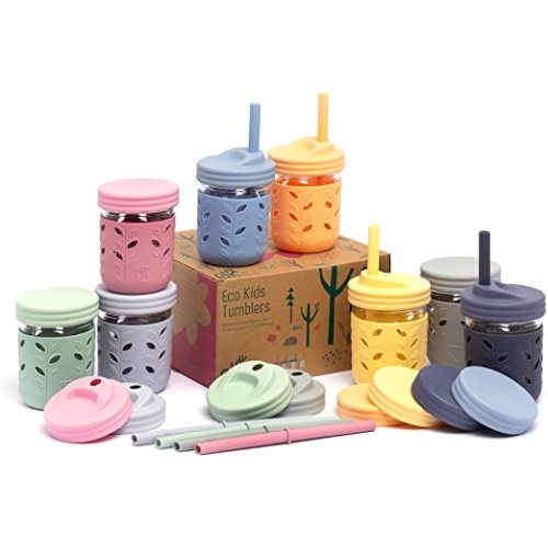 Elk and Friends Kids & Toddler Cups | The Original Glass Mason jars 8 oz with Silicone Sleeves & Silicone Straws with Stoppers | Smoothie Cups | Spill Proof Sippy Cups for Toddlers - 8 Pack (Sleeve) - Plum, Soft Lilac, Peach, Lemon, Misy Blue, Gray, Sage