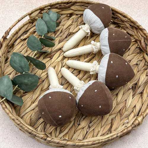 Premium Fabric Rattle Brown Mushroom, Newborn Gift, Sensory Rattle, Neutral Eco Friendly Baby Gift, Organic cotton toy, Textile Rattle