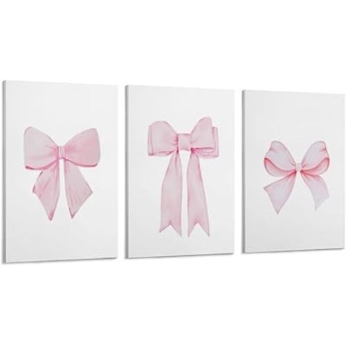 AkbiK Pink Nursery Wall Art Prints Baby Girl Pastel Poster Pink Bow Print Preppy Wall Art College Apartment Decor, Preppy Poster for Girls Baby Kids Room Decor,Set of 3 (Framed,12x16in)