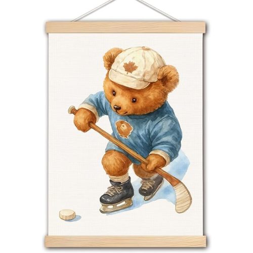 DNEULYR Bear Hockey Wall Art Poster, Sports Nursery Wall Decor, Retro Cute Bear Hockey Sports Poster Hanger Frame for Toddler Kids Boys Room Bedroom Playroom Nursery, 12x16 Inches