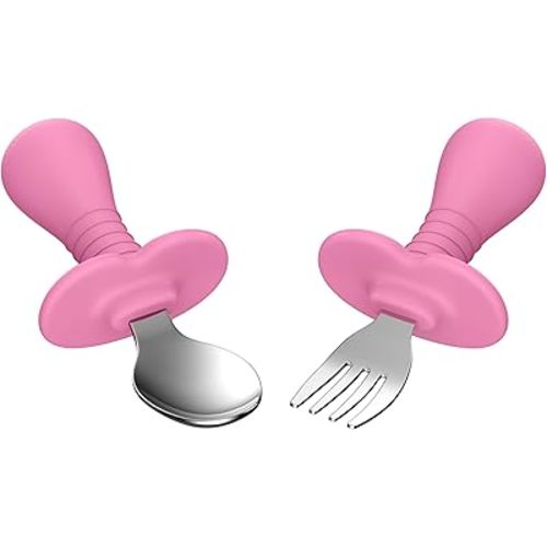 2 Pieces Toddler Utensils Forks and spoons set, Stainless Steel Childrens Silverware for Safe flatware Metal Kids Cutlery set with Round Handle, BPA Free, Anti-Choke Design (Pink)