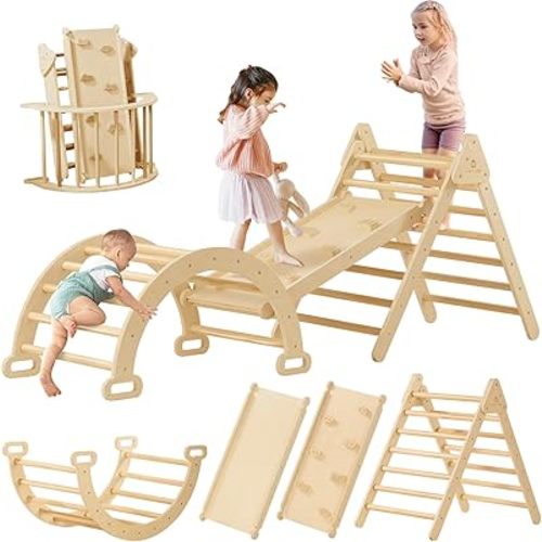 Tiny Land Pikler Triangle Set, 7-in-1 Foldable Pikler Triangle Climbing Toys Set for Kids,Baby Indoor Playground Jungle Gym, Wooden Montessori Climbing Set for Toddler (Natural)