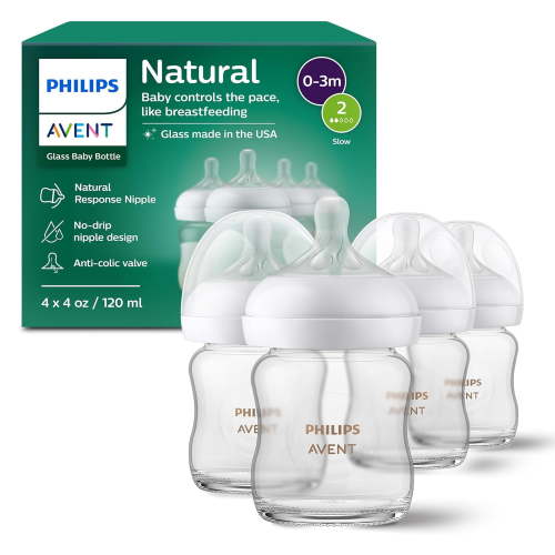Philips Natural Glass Baby Bottles with Natural Response Nipples (Slow Flow, Flow 2), 4oz, 4-Pack, SCY910/04