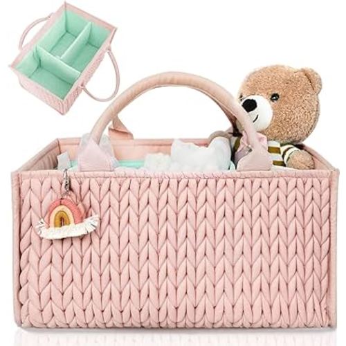 MOMINSIDE Diaper Caddy Organizer, Baby Basket Nursery Storage, Portable Changing Table Car caddy organizer for Girl Boy, Baby Registry Baby Shower Gifts, Newborn Essentials(Pale Pink)