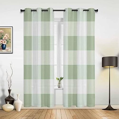 Sage Green Buffalo Check Blackout Window Curtains 84 Inch Length 2 Panels Set, Rustic Plaid Grommet Top Window Curtain for Living Room/Bedroom, Modern Geometric Thermal Insulated Drapes 42x84 In
