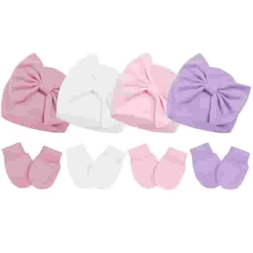 Zando 4Pcs Newborn Hat and Mitten Set Baby Girls Beanie with Big Bow Warm Baby Hats and No Scratch Mittens 0-3 Months