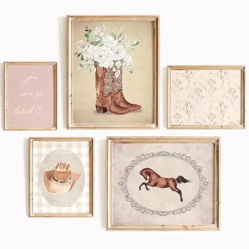 Cowgirl Nursery Wall Art Coquette Western Girl Poster Vintage Horse Floral Canvas Pictures Aesthetic Pink Preppy Room Wall Decor Rustic Cowgirl Prints for Girls Bedroom 8x10x5 Inch Unframed