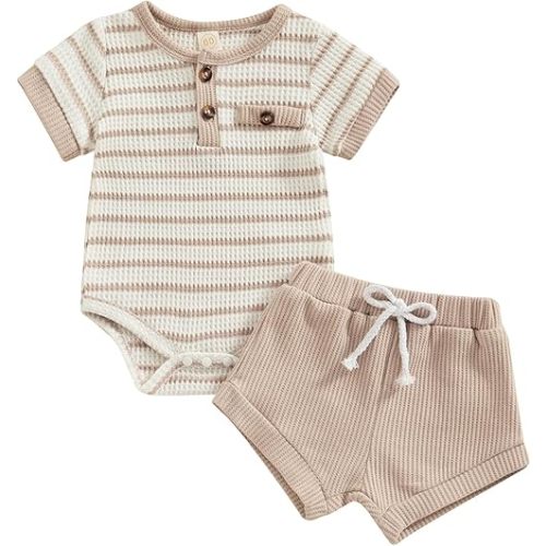 Kuriozud Newborn Baby Boy Summer Clothes Button Short Sleeve Romper Bodysuit Shorts Set Toddler Soft Waffle Outfit