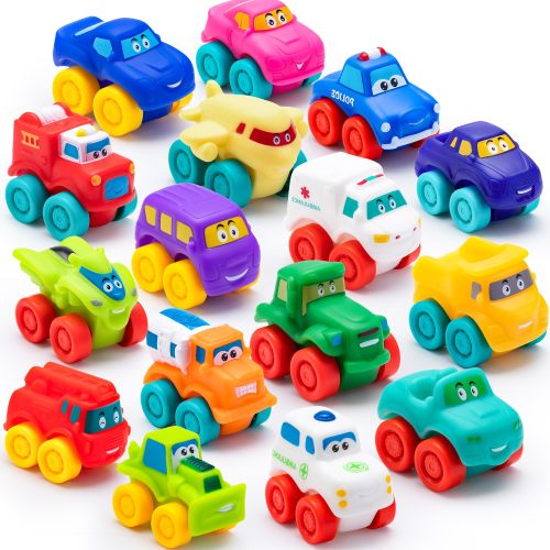 SYNCFUN 16pcs Cartoon Cars, Soft Rubber Toy Car Set, Mini Toy Vehicles, Bath Toy Car for Toddlers, Gift for Boys and Girls Christmas Birthday, Summer Beach and Pool Activity, Party Favors for Kids