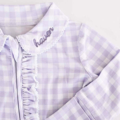 Peter Pan Collar Ruffle Zipper Footie | Lilac Gingham