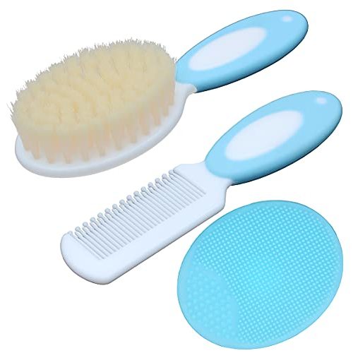 Baby Hair Brush &Silicone Baby Cradle Cap Brush Set, for Newborns & Toddlers-Natural Soft Goat Bristles-Ideal for Cradle Cap-Perfect Baby Registry Gift (Blue)