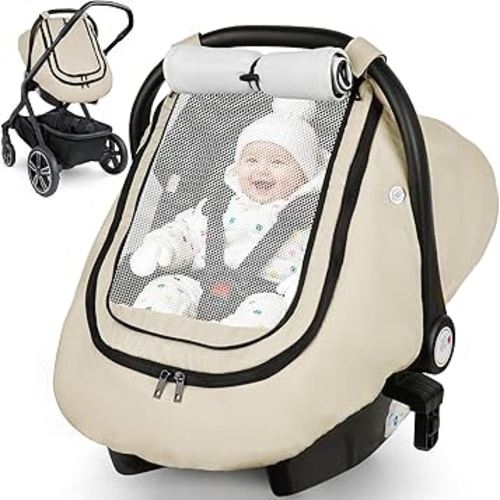 Rquite Car Seat Cover Baby, Winter Carseat Covers Boy Girl, Waterproof Infant Car Seat Cover Warm Car Seat Canopy for Cold Weather, Windproof Baby Carrier/Stroller Cover with 2 Layers Windows, Beige
