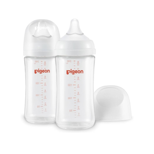 Pigeon Glass Nursing Bottle Wide Neck, Anti-Colic, Streamlined Body, Natural Feel, Easy to Clean, Heat-Resistant, 8.1 Oz(Pack of 2), Includes 2pcs M Nipples (3m+)