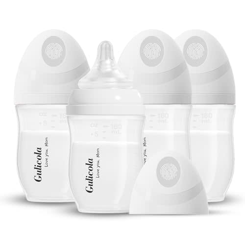 Gulicola Natural PP Baby Breastfeeding Bottles Newborn Set 4 Pack, Extra Slow Flow Nipples, 0 Months +, 5 oz - White