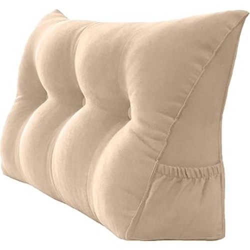 Triangular Reading Bed Rest Pillow Large Bolster Cushion Headboard Backrest Wedge Pillow with Removable Cover and Two Large Side Pockets (Champagne, Twin: 39 x 8 x 20 inches)
