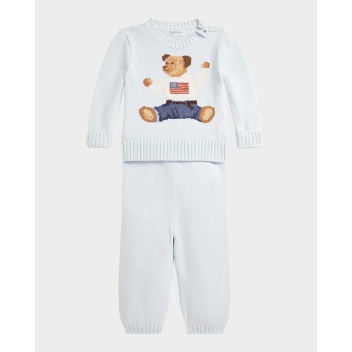 Boy's Flag Bear Intarsia Knit Sweater and Pants Set, Size 3M-24M