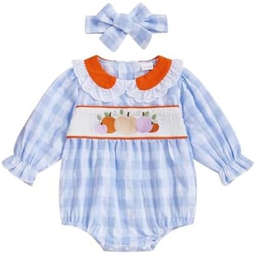 Baby Girl Halloween Outfit Pumpkin Plaid Long Sleeve Doll Collar Bubble Romper Bodysuit Newborn Fall Clothes Headband