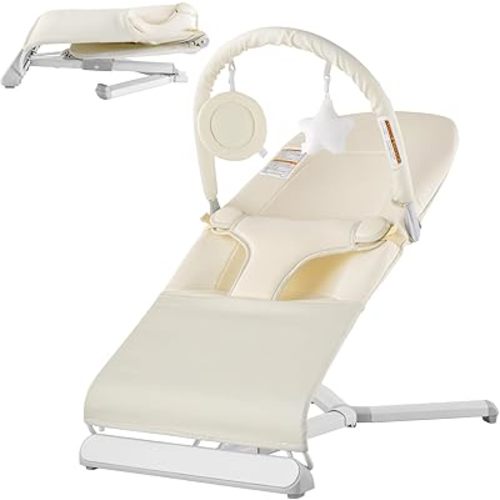 VEVOR Baby Bouncer, Folding Bouncer Seat for Babies 0-9 Months, Baby Bouncer with 2 Reclining Angles & Rotatable Toy Bar, Portable Baby Bouncer Seat with Carrying Bag for Indoors Outdoors, Beige