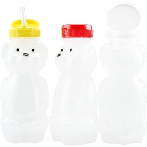 Cornucopia Brands Honey Bear Straw Cups (3-Pack, Colored Lids), 8-Ounce Therapy Sippy Bottles w/Flexible Straws and Colored Lids