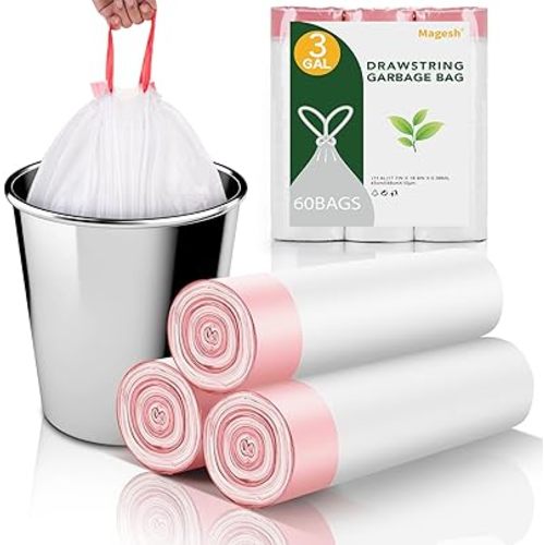 3 Gallon Small Trash-Bags Drawstring For Bathroom - White Plastic Mini Garbage Bags Unscented 60 Count 12 Liter Tiny Waste Basket Liners Kitchen Office Car Little Strong Thick Bulk Magesh