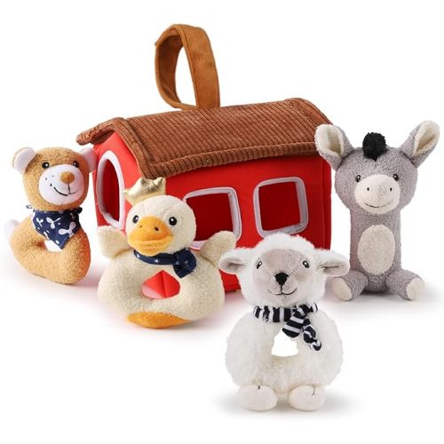 iPlay, iLearn Plush Baby Rattle Toys, Newborn Soft Barn Farm Stuffed Animal Set, Infant Hand Sensory Development, Christmas Girls Boys Stuff, Birthday Shower Gift Basket Stuffer 3 6 9 12 Month 1 Year