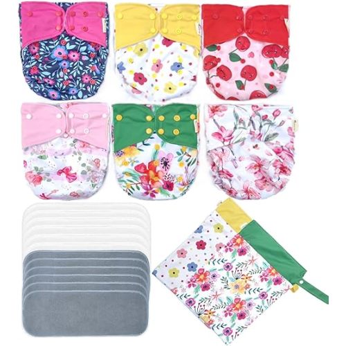 Reusable Diapers Castle Cat Anti Leakage AWJ Double Gussets 6 Diaper Covers 12 Inserts 2 Wet Dry Bags (Girl Prints 05)