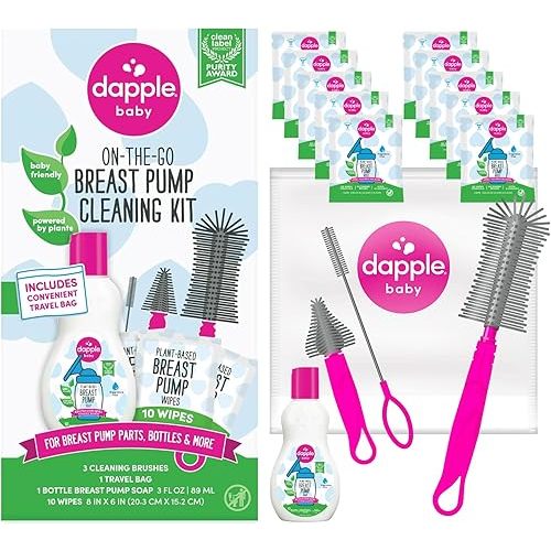 Dapple Breast Pump Cleaning Kit, 3 Baby Bottle Cleaning Brushes, Hypoallergenic & Powered by Plants, Removes Milk Residue, Leaves No Taste, 3oz Soap, 10ct Wipes 3 Cleaning Brushes