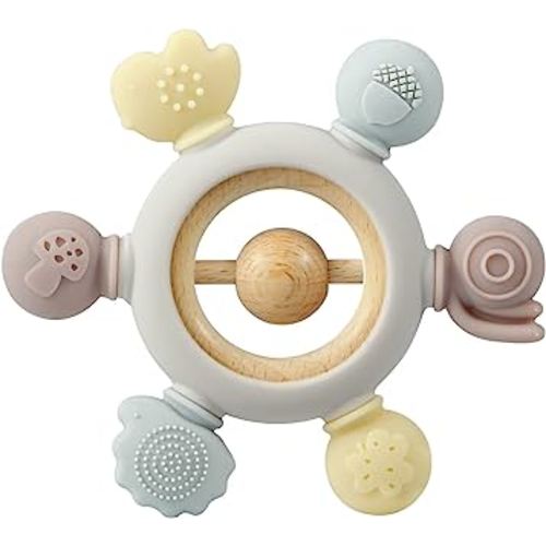 PandaEar Baby Teething Toys - Silicone Rudder Toy with Wooden Teether Rings for Soothing Teething Pain Relief - Shower Gift for lnfants & Toddlers 6+ Months (6 Directions, Grey)
