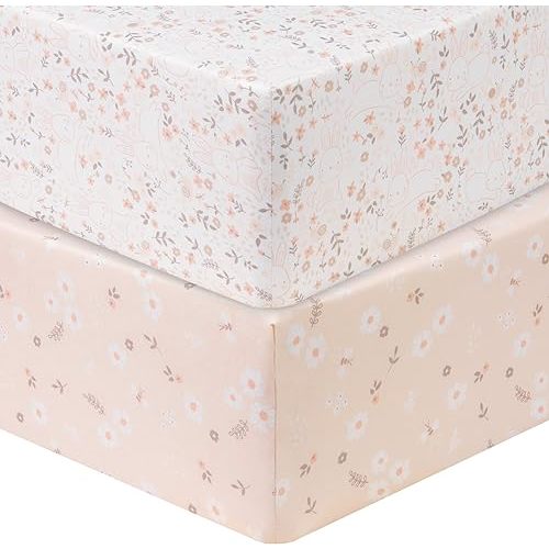 Sammy & Lou Cottontail Floral 2-Pack Microfiber Fitted Crib Sheet Set, Fits Standard Crib Mattress 28 in x 52 in; Fully Elasticized,